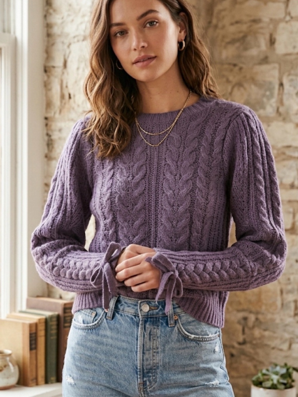 525 America Anthropologie Carmen Crop Cable Knit Tie Sleeve Sweater Purple Small